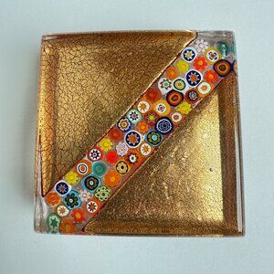 Vintage Murano Millefiori 22k Gold Leaf Square Paperweight
